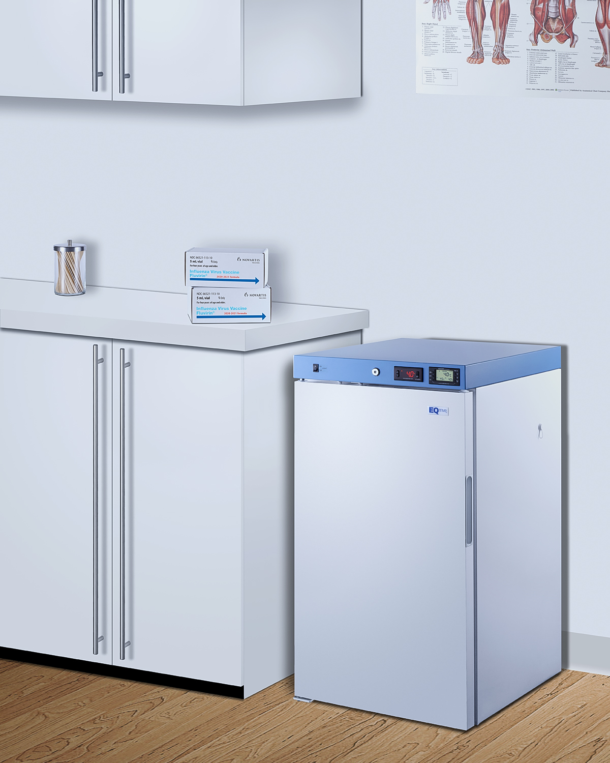 Healthcare all-refrigerator with self-closing door, front lock, digital controls, and external temperature readout